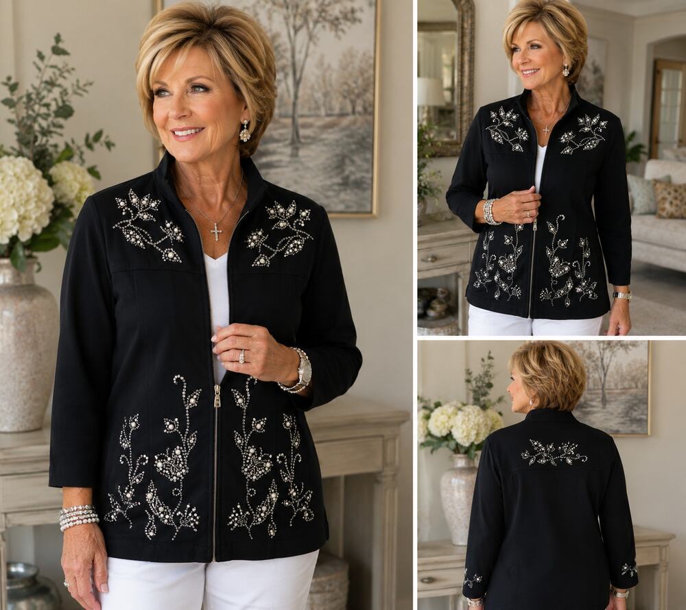 Quacker Factory Black Pearl Rhinestone Floral Zip Jacket Women's Large Bling